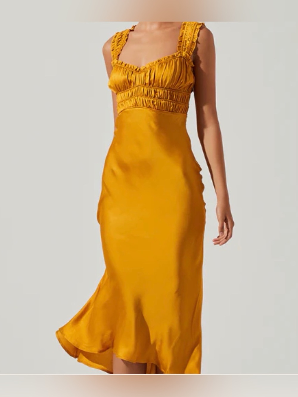 ASTR the Label Gold Enola Midi Dress Sleeveless Satin Smocked Bodice Fall Guest